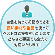 自信を持ってお勧めできる良い素材や製品を使ってベストなご提案をいたします！どんなご要望でも全力で対応いたします！